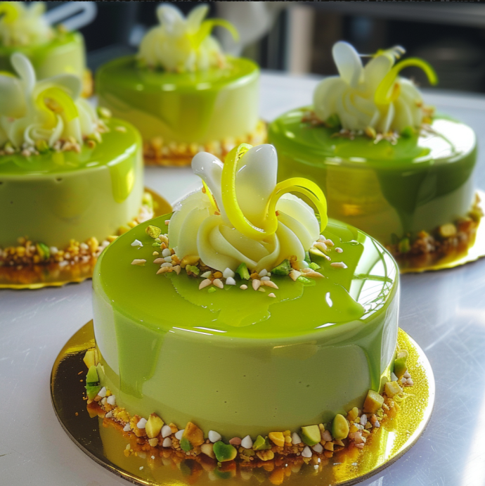 Pistachio Meyer Lemon Mousse Cake